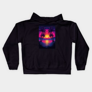 Illustration of an 80s Synthwave retro sunset with palm trees on the beach Kids Hoodie